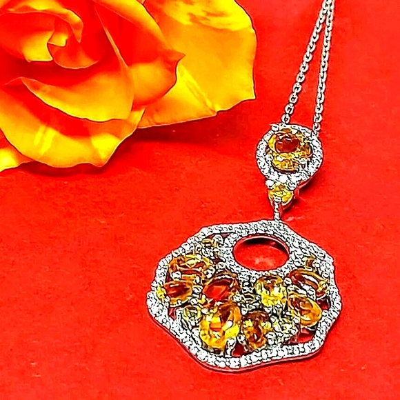 Natural Citrine & Cz 14K White Gold on 925 Sterling Silver Necklace - Picture 1 of 5